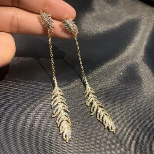 Feather Shaped Micro Zircon Earrings Silver Needle European Fashion Leaves Long Studs Earring