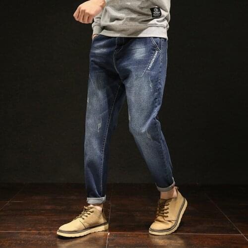 Men Jeans Scretched Blue Black Denim Plus Size Oversized Pants 40 42 44 46 48 Distressed Scratched Straight Leg Loose Trousers