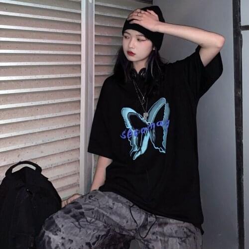 Hip-Hop Harajuku Butterfly Print Short Sleeve T-Shirt Grunge Clothes Womens Summer Korean Couple Top Emo Fashion Y2K Tops 2021