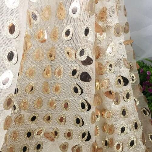 GLace 1Y/Lot African Lace Fabric Gold Drop Laminated Mesh Embroidered Lace Fabric for Dress Sequin Fabric TX852
