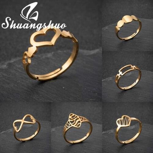 Shuangshuo Stainless Steel Hollow Heart Finger Rings Vintage Fashion Geometric Adjustable Ring for Women Wedding Jewelry Gift