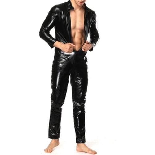 Men Sexy Wetlook Faux Leather Latex Catsuit Bodysuit Hot Erotic Lingerie Zentai Gay Fetish Wear Pvc Costume Open Crotch Clubwear