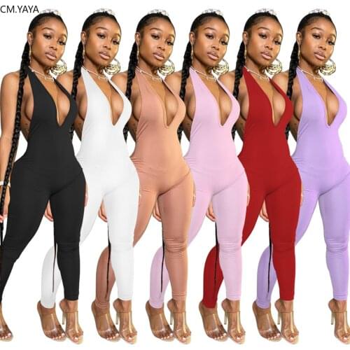 CM.YAYA women sexy club night party halter neck open back deep v-neck bodycon sleeveless jumpsuit one piece romper overalls
