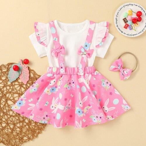 Summer Baby Childrens Girl Clothes Set 3Pcs Kids Girl Ruffled Short Sleeve T-shirt+Rabbit Print Strap Skirt+Headband Outfits