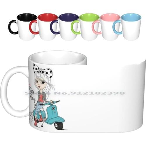 Cute Girl On Scooter Ceramic Mugs Coffee Cups Milk Tea Mug Cat Kitty Kitten Pet Child Face People Womens Sexy Skin Pink Little