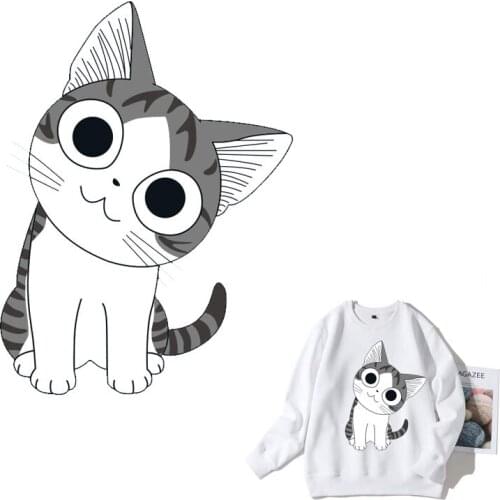 Cute Cat Cartoon Animal Iron On Patches Clothes Sticker DIY T-shirt Stripes hippie Thermal Heat Transfer for T-shirt Printed E