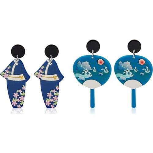 Fashion Japanese Circular Fan Pendant Earrings For Women Girls Cat Finish Charms Resin Stud Ear Jewelry Party Gifts