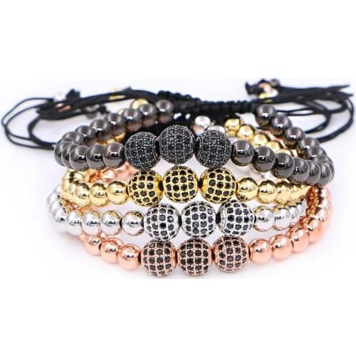 Men Bracelets,8mm Pave Setting Black CZ Beads & Gold 6mm Round Beads & Braiding Macrame Bracelet For Men