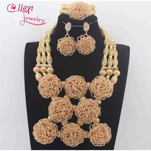 2019 New African Champagne Gold Indian Bridal Beaded Jewelry Sets Gold Bib Statement Necklace Pendant Wedding Necklace Set N0096