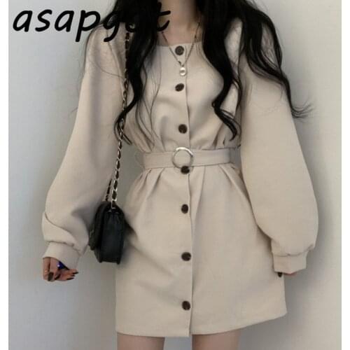 Dress Simple Slim Square Collar Single Breasted Dress Short with Belt Vintage Solid Vestidos Mujer Bandage Puff Long Sleeve