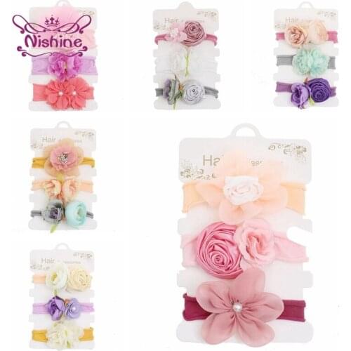 Nishine 3pcs/lot Artificial Flowers Headband Handmade Elastic Nylon Hairband Baby Rose Floral Headwear Kids Hair Accessories