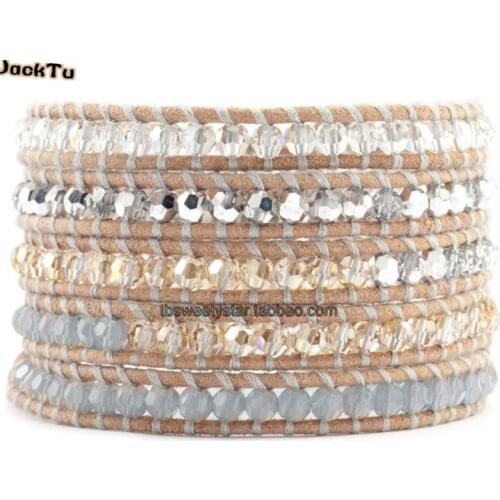 Mixed color crystal wrap bracelet on dark brown leather