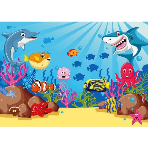 Sea Fish Animals Seaweed Vinyl Cloth Photographic Backdrops for Children Baby Birthday Party Backgrounds Photo Shootings
