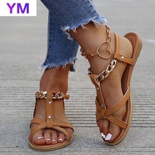 2021 Shoes Round Toe Womans Sandals Female Beach Luxury Slides Rubber Metal Chain Zapatillas Mujer Casa Ladies Sandals Sapato