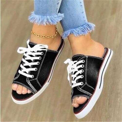 Women Slippers Summer Hollow Out Breathable Slippers Sandals Flat Women Canvas Casual Shoes Lace Up Flip Flops Mules Black Blue