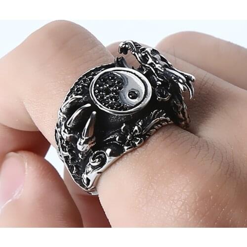 Gothic Punk Men Retro Yin Yang Dragon Rings Silver Color Charm Hip Hop Male Female Jewelry Gift Animal Big Ring Fashion
