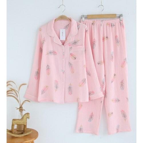 Japanese style spring and autumn ladies cotton crepe long-sleeved trousers suit casual and comfortable home service suit women