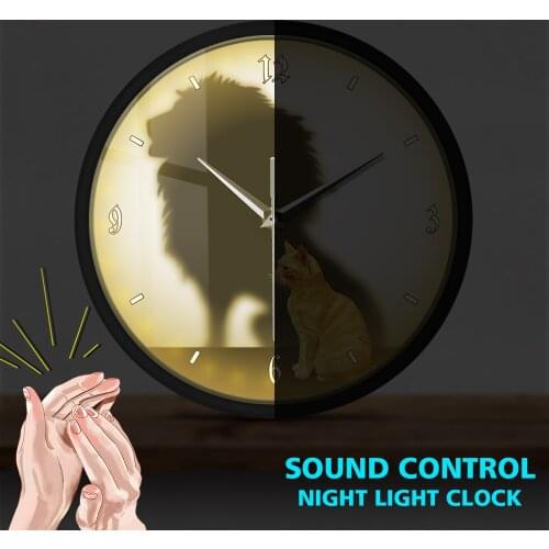 Funny Cat With Lion Shadow Conceptual Sound Activated Light Emitting Wall Clock Reflection Inspirational Clock Housewarming Gift
