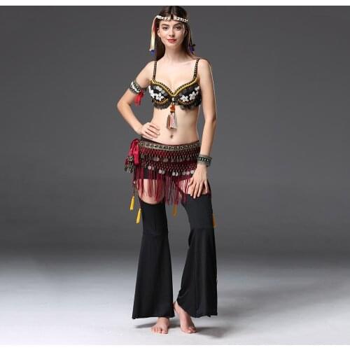 Women Belly Dancing Clothes Tribal 2 Piece Outfit Coins Bra, Tassel Hip Scarf Tribal Belly Dance Costume Set Professional