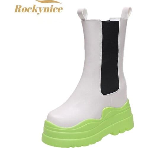 Womens Mid-Calf Boots 2021 Autumn PU Leather Thick Sole Wedges Shoes For Woman Winter Boots Ladies Chunky Botas Sneakers 10cm