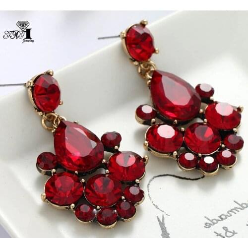 YaYi Jewelry New Red Glass Gray Rhinestone Dangle Crystal Earring Womens Fashion Ancient Gold Color Gem Earrings 1164