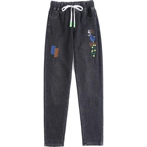 2020 Fall Women Pants Elastic Waist Jeans Feminine High Waist Slimming Embroidery Harem Pants Casual Ankle Length Cropped Pants