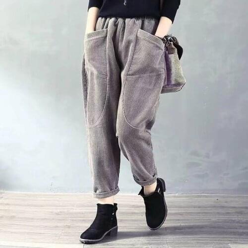 Autumn New Arts Style Women Elastic Waist Loose Pants All-matched Casual Corduroy Vintage Harem Pants Plus Size Trousers D503