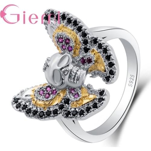 925 Sterling Silver Newest Colorful Butterfly Rings with Skull Unique Finger Bague for Women Party Jewelry Accessories
