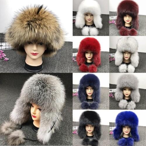 Natural 100% Real Fox Fur Hat Winter Russian Style Genuine Fur Bomber Hats With Warm Soft Ear Flaps For Women