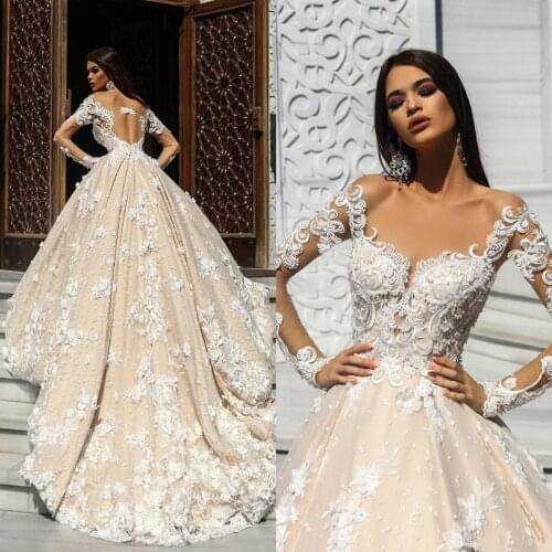 Arabic Vintage Wedding Dresses Scoop Neck Lace Long Sleeves Bridal Wedding Gowns 2020 Plus Size 3D Flowers robes de mariée