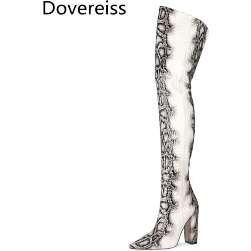 Dovereiss Fashion shoes for woman Winter sexy Zipper Pointed Toe Block heels Snakeskin Elegant Over the knee boots Mature34-47