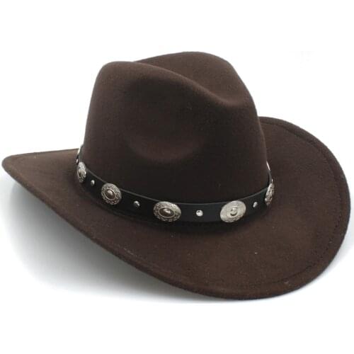100% Wool Womem Men Western Cowboy Hat With Wide Brim Punk Belt Cowgirl Jazz Cap With Leather Toca Gentleman Sombrero Cap 23