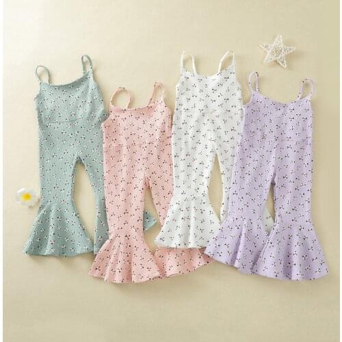 4 Colors Summer Lovely Infant Girls Rompers Jumpsuits Flowers Print Strap Sleeveless Backless Jumpsuits Overalls Flare Pants