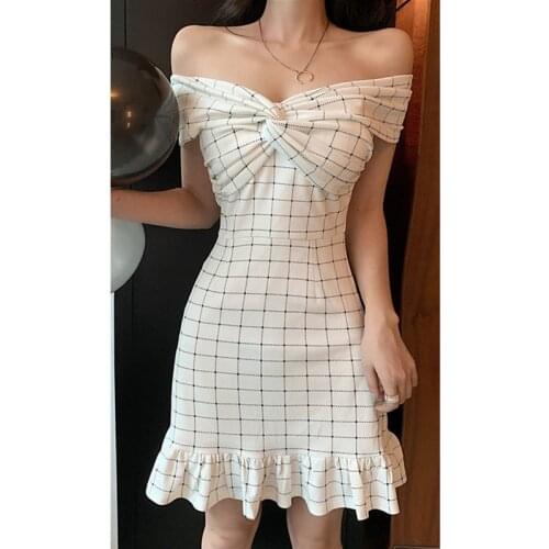 Summer sexy strapless folds slim fishtail dress 2020 new fashion slim grid party dress