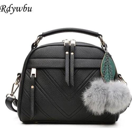 Rdywbu Small Winter Shoulder Bag With Faux Fur Pendant Women New Fashion Handbag Girls Small PU Leather Crossbody Bag B259