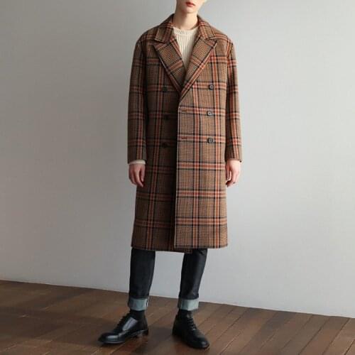 Winter Mens Long Loose Overcoat Wool Blends Checks Plaid Double Breasted Thick Warm Casual M39