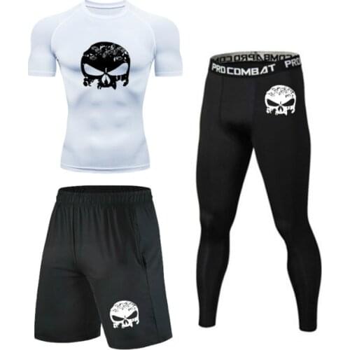 Mens Tracksuit skull Prints Tight Skin Compression Sport Suit Men MMA Rashguard Body Building Fitness Running Sports Boxing Set