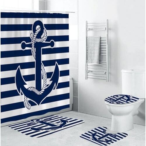 4-Piece Bath Set Bathroom Decor Anchor Fish Hook Shower Curtain+Non-Slip Rug+Toilet Lid Cover+Bath Mat Bath Accessories