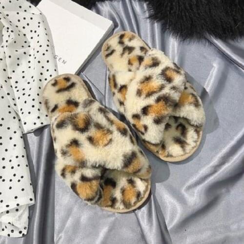 New wooden floor home leopard fur slippers flat non-slip indoor womens comfortable cotton slippers
