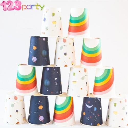 8pcs childrens day rainbow space party disposable tableware paper cup kids birthday party decoration baby shower party supplies