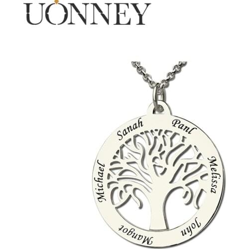 UONNEY Wholesale Personalized First Name Family Tree Silver 925 Necklace Engraved Iced Out Pendant Grandma Mothers Day Gifts