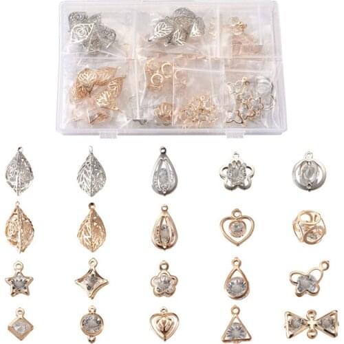 Pandahall 120pcs/box Iron Pendants & Links with Rhinestone inside Mixed Shapes for Jewelry Making DIY Bracelet Necklace