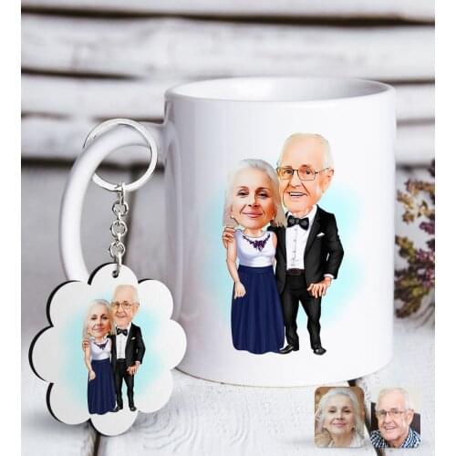 Personalized Grandpa and Grandma Caricature Of White mug And Keychain Gift Seti-1