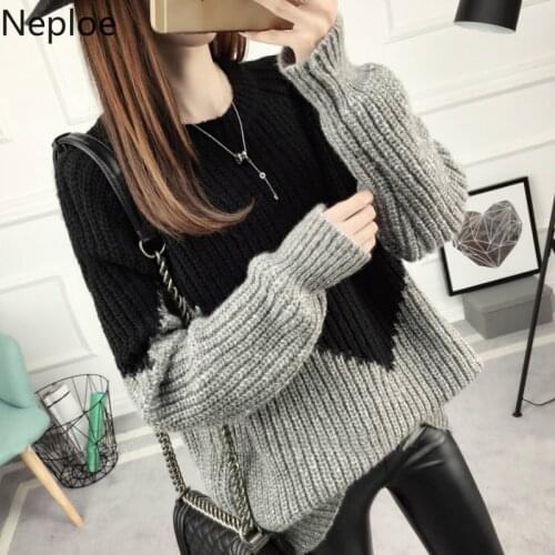 Neploe Korean Thick Loose Plus Size Sweaters Women Invierno 2021 O Neck Patchwork Student Pullovers Autumn Wild Ladies Top 46018
