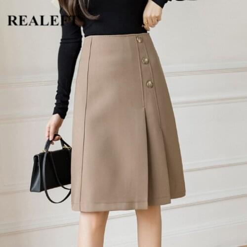 REALEFT Autumn Winter Elegant Pleated Midi Skirts 2021 New Solid High Waist Buttons Office Workwear Skater A-Line Skirts Female