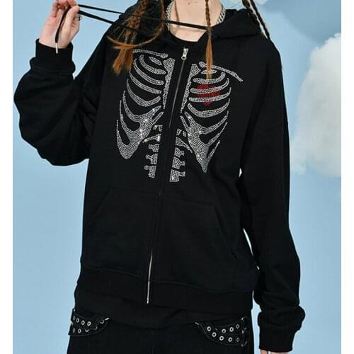 2021 women Hip Hop Streetwear Zip-up Hoodie y2k Rhinestone Skull Love sweatshirt Autumn Harajuku punk gothic clothes Outwear top