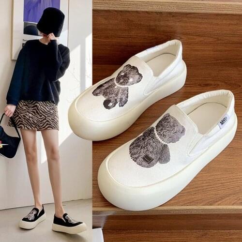 Womens canvas shoes 2021 spring and autumn new thick-soled bear loafers pedal women flat shoes all-match casual shoes