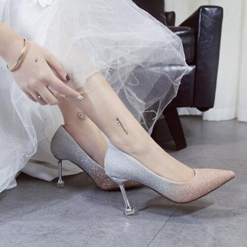 Women High Heels Dreamy Gradient Color Pointed Wild Fine Elegant Bride Wedding Set of Sequins Ladies Shoes Fenty Beauty W32-23