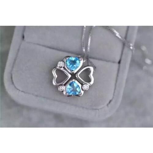Natural blue topaz pendant S925 silver Natural gemstone Pendant Necklace trendy Romantic heart clover women girl party jewelry