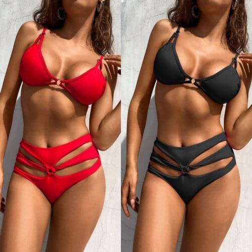 Womens Bikini Summer Fashion Solid V-neck Tube Top Halter Cross Strap High Waist Swimsuit Two-piece Bikini Set